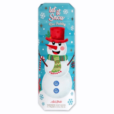 Embalagem azul com boneco de neve e texto Let it Snow Rice Pudding