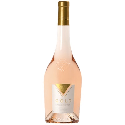 Garrafa de vinho rosé com rótulo triangular GOLD CÔTES DE PROVENCE e tampa dourada