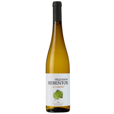 Garrafa de vinho branco Pequeños Rebentos Alvarinho com rótulo branco e folha verde