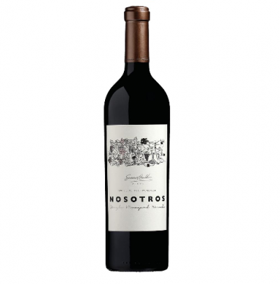 Garrafa de vinho tinto Nosotros com rótulo branco e tampa castanha