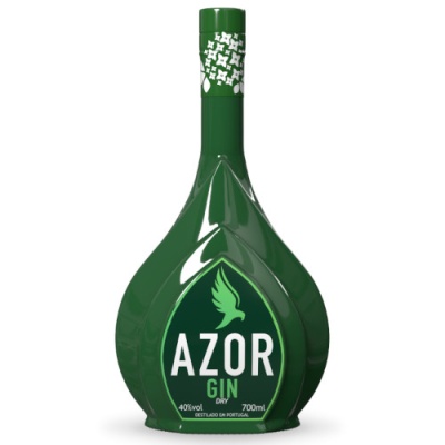 Garrafa de gin AZOR verde escuro com rótulo e texto visíveis