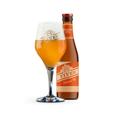 Garrafa e copo de cerveja Viven Imperial IPA com rótulo e logótipo laranja e branco