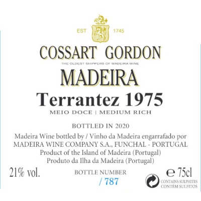 Etiqueta de vinho Madeira Terrantez 1975 da Cossart Gordon com informações de volume, ano e conteúdo
