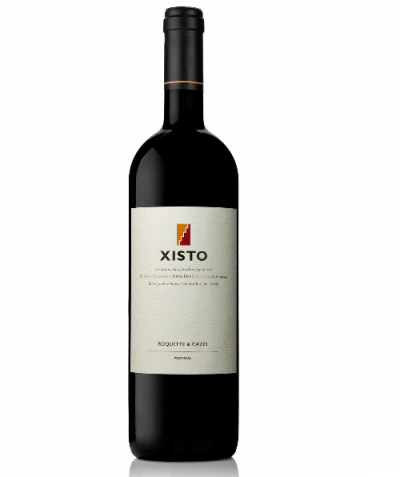 Garrafa de vinho tinto Xisto com rótulo branco e texto preto e vermelho