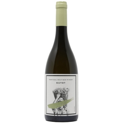 Garrafa de vinho branco Montalcin Boutique Winery Guyot com rótulo artístico e tampa creme