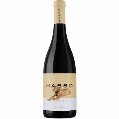 Garrafa de vinho tinto HASSO com imagem de cão no rótulo