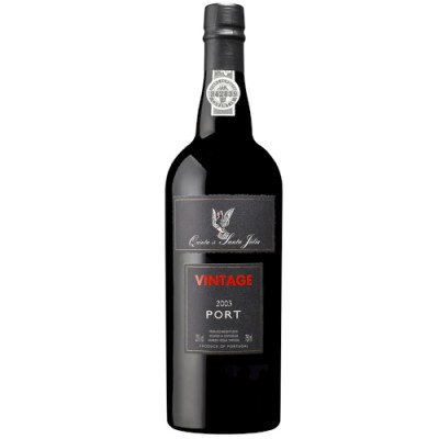 Garrafa de Vinho do Porto Vintage 2003 com rótulo preto e texto em vermelho e branco