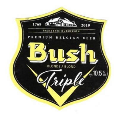 Rótulo de cerveja Bush Triple preto e amarelo com texto e datas