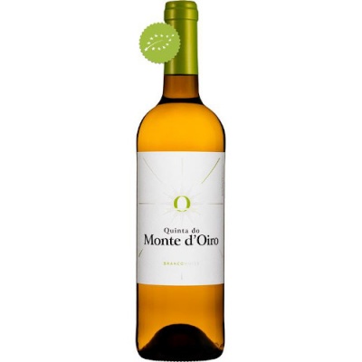Garrafa de vinho branco Quinta do Monte d'Oiro com rótulo branco