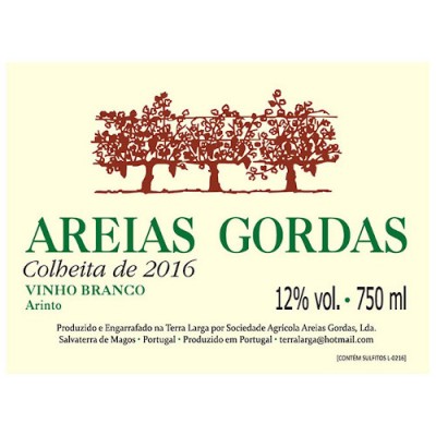 Etiqueta de vinho branco Areias Gordas com árvores e texto em verde e preto