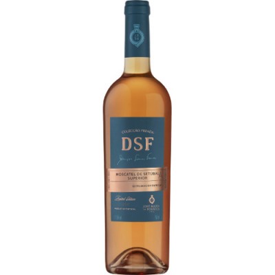 Garrafa de vinho DSF Moscatel de Setúbal Superior com rótulo azul e dourado