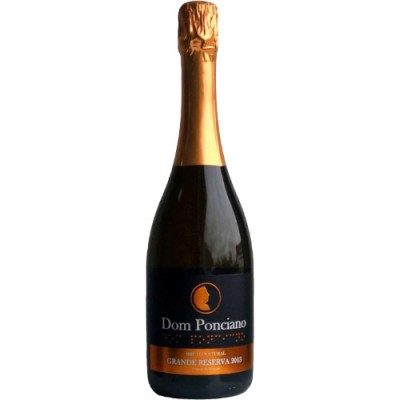 Garrafa de espumante Dom Ponciano com rótulo preto e dourado