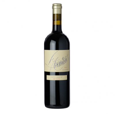 Garrafa de vinho tinto L'Aventure Optimus Estate com rótulo creme e tampa dourada