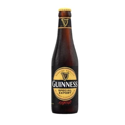 Garrafa de cerveja Guinness Special Export castanha com rótulo preto e amarelo