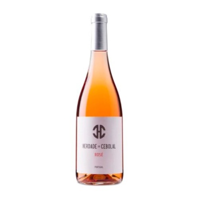 Garrafa de vinho rosé com rótulo branco e texto HERDADE DE CEBOLAL ROSÉ