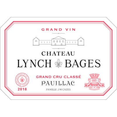 Rótulo de vinho Château Lynch Bages 2018 em estilo clássico branco com texto vermelho e preto.