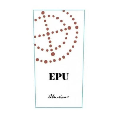 Embalagem branca com design de pontos castanhos e textos EPU e Almariva