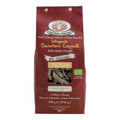Pacote vermelho de massa integral Senatore Cappelli da Rustichella d'Abruzzo com texto e selo biológico