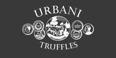 Logotipo Urbani Truffles com emblemas brancos em fundo preto