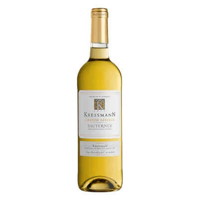 Garrafa de vinho branco Kressmann Grande Réserve Sauternes com rótulo branco e cápsula dourada.