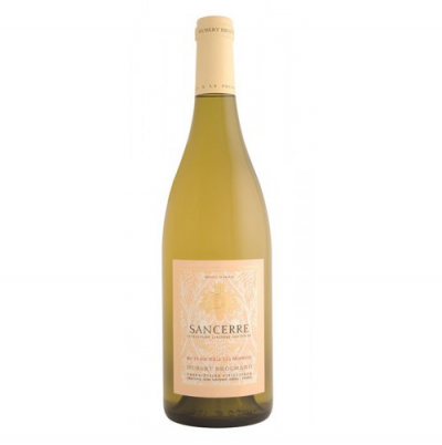 Garrafa de vinho branco Sancerre com rótulo salmão e detalhes dourados