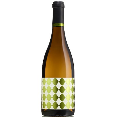 Garrafa de vinho branco com rótulo geométrico verde