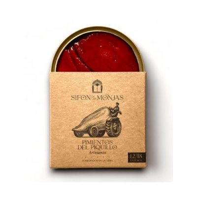 Lata de pimentos do piquillo vermelhos com embalagem de cartão castanho e texto em espanhol