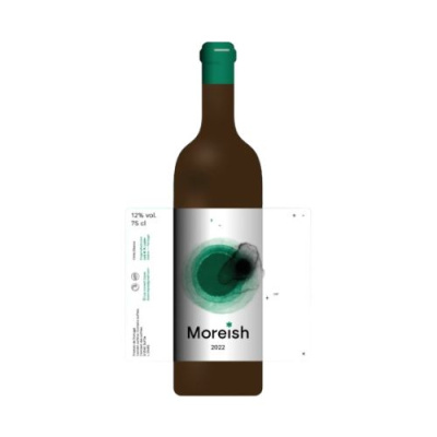 Garrafa de vinho Moreish 2022 com rótulo branco e selo verde