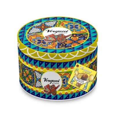 Embalagem cilíndrica colorida com temas florais e geométricos e texto Vergani Italiano