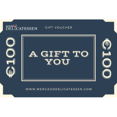 Voucher presente azul escuro com texto beje e valor de 100€ da Meread Delicatessen