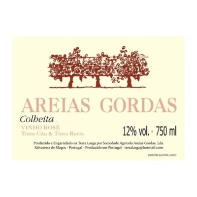 Etiqueta de vinho rosé AREIAS GORDAS com três árvores castanhas