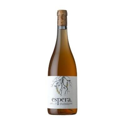 Garrafa de vinho de vidro castanho com rótulo branco e texto espera.