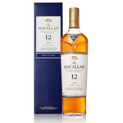Garrafa de whisky Macallan 12 anos com embalagem azul