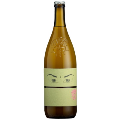 Garrafa de vidro âmbar com rótulo verde claro e desenho de olhos