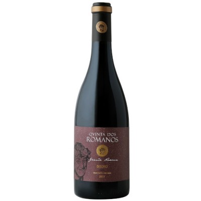 Garrafa de vinho tinto Quinta dos Romanos com rótulo vermelho escuro