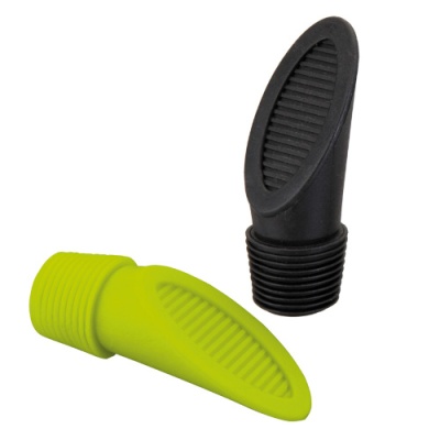 Bicos para garrafa em silicone preto e verde fluorescente com rosca e textura ranhurada