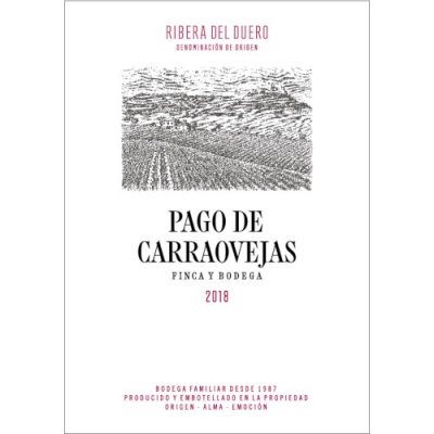 Etiqueta de vinho Pago de Carraovejas 2018 com imagem de vinha e texto detalhado