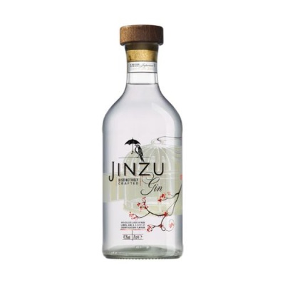Garrafa de gin Jinzu em vidro transparente com tampa de cortiça e design ilustrado