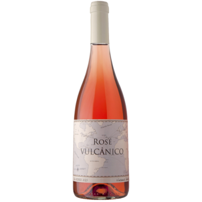 Garrafas de vinho rosé com rótulo branco e texto ROSÉ VULCÂNICO