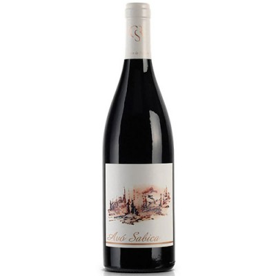 Garrafa de vinho tinto Avó Sabica com rótulo branco e ilustração de paisagem