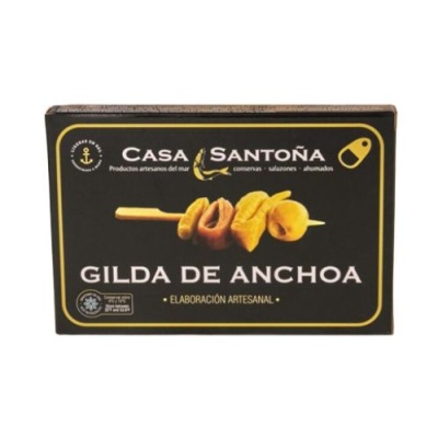 Embalagem preta de Gilda de Anchoa da Casa Santoña com espeto de anchovas