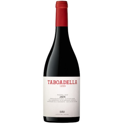 Garrafa de vinho Taboedella 1255 com rótulo branco e cápsula vermelha