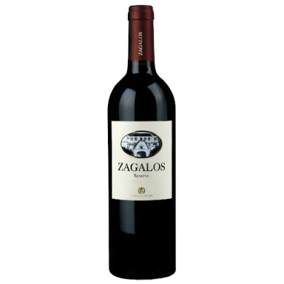 Garrafa de vinho tinto ZAGALOS Reserva com rótulo branco e imagem de casa