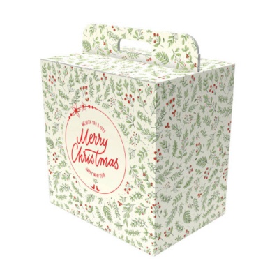 Caixa de presente com padrão verde e vermelho de Natal e texto 'Merry Christmas'