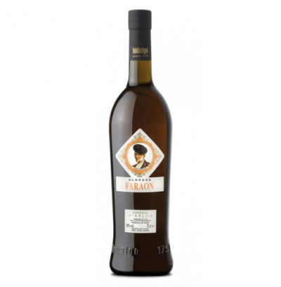 Garrafa de vinho Oloroso Faraón com rótulo branco e dourado