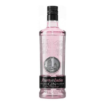 Garrafa de gin Puerto de Indias sabor Strawberry rosa com rótulo preto
