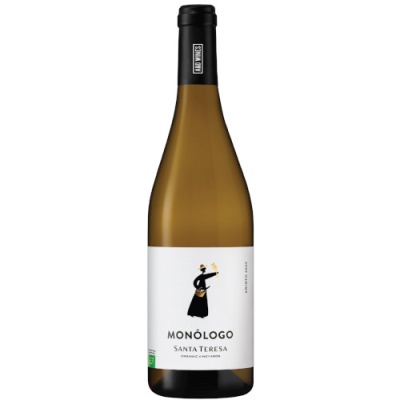 Garrafa de vinho branco Monólogo Santa Teresa com rótulo branco e figura estilizada