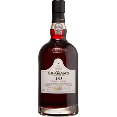 Garrafa de Graham's 10 Year Old Tawny Port com rótulo branco e tampa preta