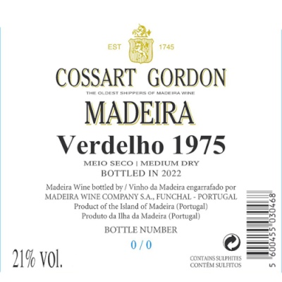 Etiqueta de vinho Madeira Cossart Gordon Verdelho 1975 meio seco engarrafado em 2022