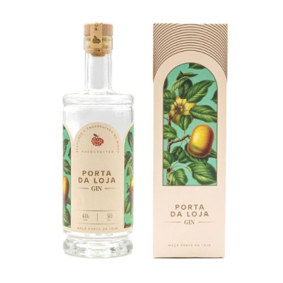 Garrafa e caixa de gin Porta da Loja com ilustração floral e frutal